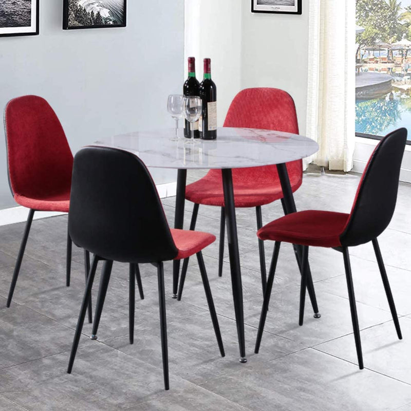 Rojo Round Marble Glass Dining table&Tobi European Style Indoor Red UKFR Velet Dining Chairs Black Powder-Coated Legs 4pcs Goldfan